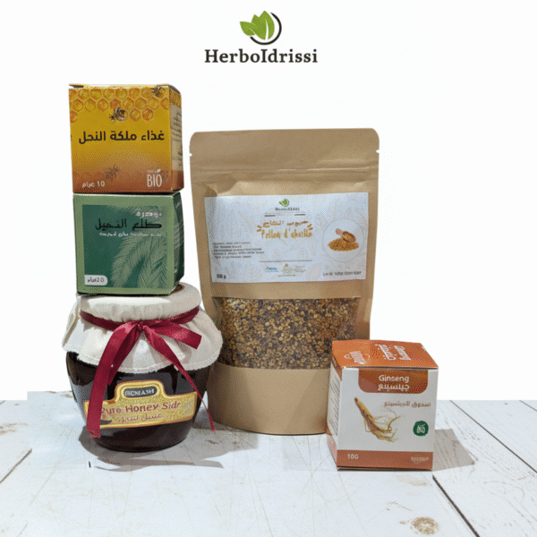 Pack Vitalité : Miel de Sidr pur, Pollen d’abeille, Ginseng rouge, Gelée royale & Pollen de palmier.