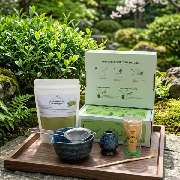 Matcha 100g + Kit Matcha Japonais Premium – Set Complet 6 en 1 (Bol + Chasen + Tamis + Cuillère + Support)